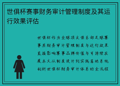 世俱杯赛事财务审计管理制度及其运行效果评估